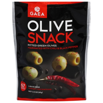 GAEA Cat Coras Kitchen Olives Green Pitted Seasoned With Chili & Black Pepper Snack Pack - 2.3 Oz - Image 3