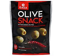 GAEA Cat Coras Kitchen Olives Green Pitted Seasoned With Chili & Black Pepper Snack Pack - 2.3 Oz