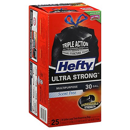 Hefty Trash Bags Drawstring Ultra Strong Multipurpose 30 Gallon Scent Free - 25 Count - Image 1