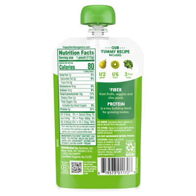 Happy Tot Organic Fiber & Protein Pear Kiwi & Kale Toddler Food Pouch - 4 Oz - Image 3