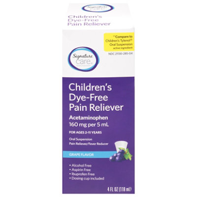 Signature Care Pain Reliever Childrens Dye Free Acetaminophen 160mg PER 5ml - 4 Fl. Oz.