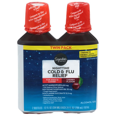 Signature Care Cold & Flu Relief Nighttime Acetaminophen 650mg Cherry Flavor - 2-12 Fl. Oz. - Image 2