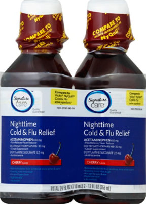 Signature Care Cold & Flu Relief Nighttime Acetaminophen 650mg Cherry Flavor - 2-12 Fl. Oz. - Image 2