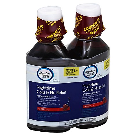 Signature Care Cold & Flu Relief Nighttime Acetaminophen 650mg Cherry Flavor - 2-12 Fl. Oz.