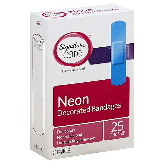 Signature Care Decorated Bandages Neon One Size - 25 Count