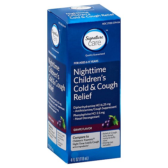 Signature Care Cold & Cough Relief Childrens Nighttime Cough Suppresant Grape - 4 Fl. Oz.