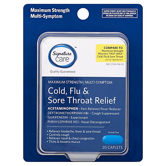Signature Care Cold Flu & Sore Throat Relief Multi Symptom Maximum Strength Caplet - 20 Count