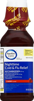 Signature Care Cold & Flu Relief Nighttime Acetaminophen 650mg Cherry Flavor - 8 Fl. Oz. - Image 2