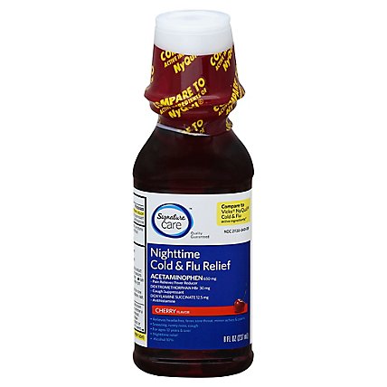 Signature Care Cold & Flu Relief Nighttime Acetaminophen 650mg Cherry Flavor - 8 Fl. Oz. - Image 1