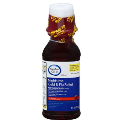 Signature Care Cold & Flu Relief Nighttime Acetaminophen 650mg Cherry Flavor - 8 Fl. Oz.