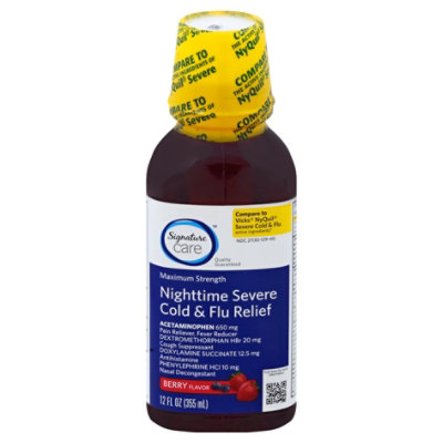 Signature Care Severe Cold & Flu Relief Nighttime Acetaminophen 650mg Berry - 12 Fl. Oz.