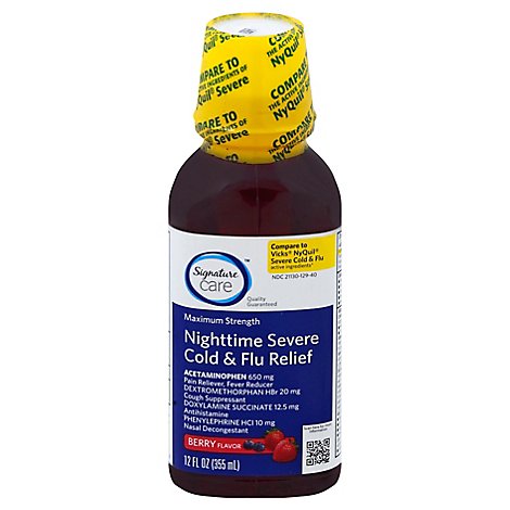 Signature Care Severe Cold & Flu Relief Nighttime Acetaminophen 650mg Berry - 12 Fl. Oz.