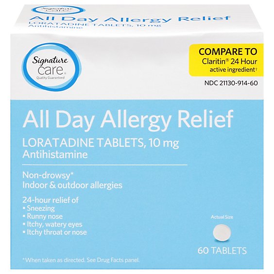Signature Care Allergy Relief 10mg Antihistamine Original Strength Loratadine Tablet - 60 Count