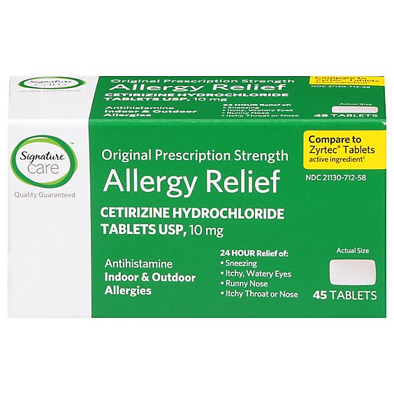 Signature Care Allergy Relief Cetirizine Hydrochloride 10mg Antihistamine Tablet - 45 Count