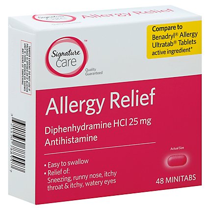 Signature Care Allergy Relief Diphenhydramine HCI 25mg Antihistamine Minitab - 48 Count - Image 1