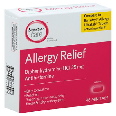 Signature Care Allergy Relief Diphenhydramine HCI 25mg Antihistamine Minitab - 48 Count