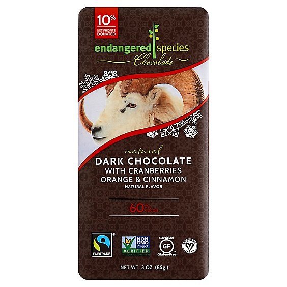 Endangered Species Dark Chocolate 60% Cocoa With Cranberries Orange & Cinnamon - 3 Oz