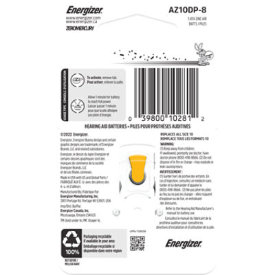 Energizer Yellow Tab Size 10 Hearing Aid Batteries - 8 Count - Image 2