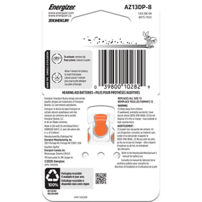 Energizer Orange Tab Size 13 Hearing Aid Batteries - 8 Count - Image 2