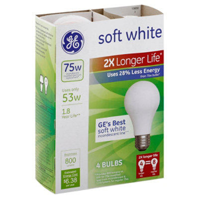 GE Light Bulbs Incandescent Soft White 53 Watts 2x Longer Life 4 Count Vons