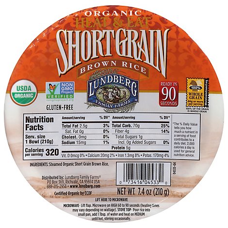Lundberg Organic Rice Brown Heat & Eat Short Grain Cup - 7.4 Oz