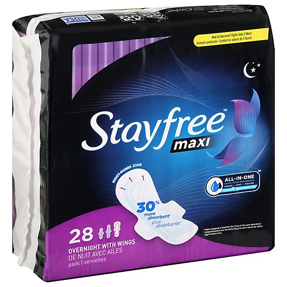 Stayfree Maxi Overnight Pads with Wings with Night Guard Zone - 28 Count