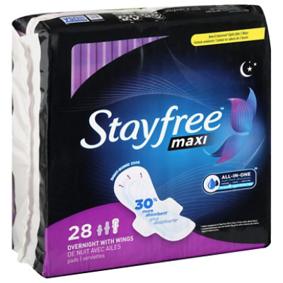 Stayfree Maxi Overnight Pads with Wings For Women, Reliable Protection and  Absorbency of Feminine Periods, 28 count : : Health & Personal Care