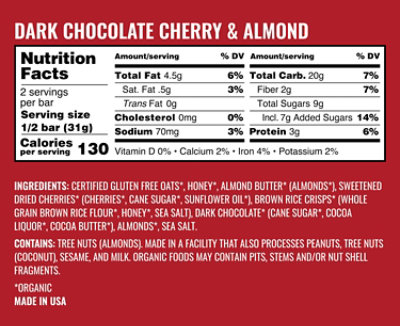 Kate's Real Food Dark Chocolate Cherry & Almond Bar - 2.2 Oz - Image 2