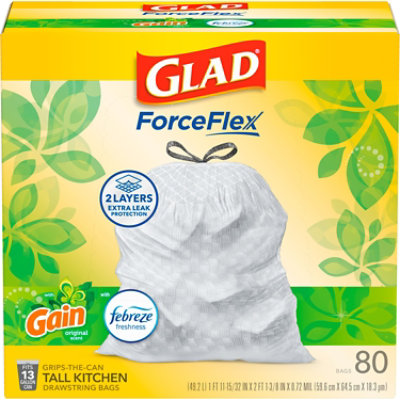 Glad Forceflex Gain Original With Febreze Tall Kitchen Drawstring Trash Bags 13 Gallon - 80 Count