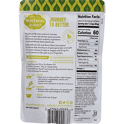 Saffron Road Simmer Sauce Halal Lemongrass Basil Mild Heat - 7 Oz - Image 3