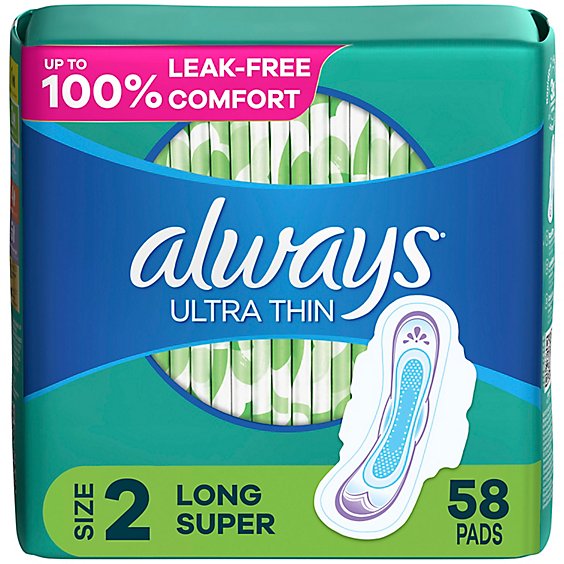 Always Ultra Thin Pads Size 2 Long Absorbency Unscented with Wings - 58 Count