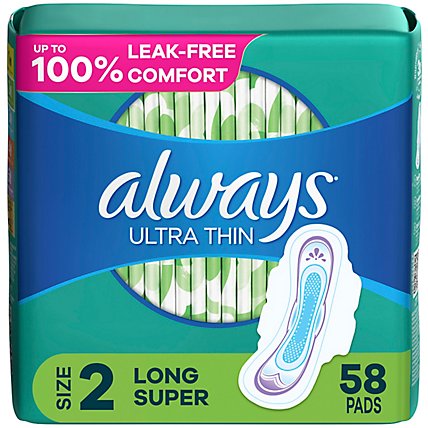 Always Ultra Thin Pads Size 2 Long Absorbency Unscented with Wings - 58 Count - Image 1