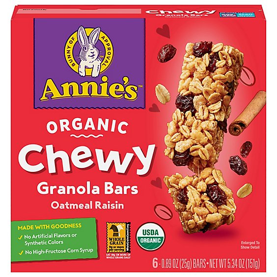 Annies Homegrown Organic Granola Bars Chewy Oatmeal Raisin - 6-0.89 Oz