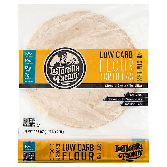 La Tortilla Factory Tortillas Flour Low Carb Burrito Size Bag 8 Count - 17.5 Oz