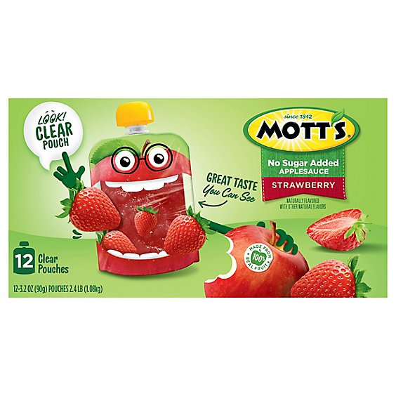 Motts Applesauce Strawberry No Sugar Added Clear Pouches - 12-3.2 Oz