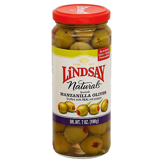 Lindsay Naturals Olives Spanish Manzanilla Stuffed with Red Peppers - 7 Oz