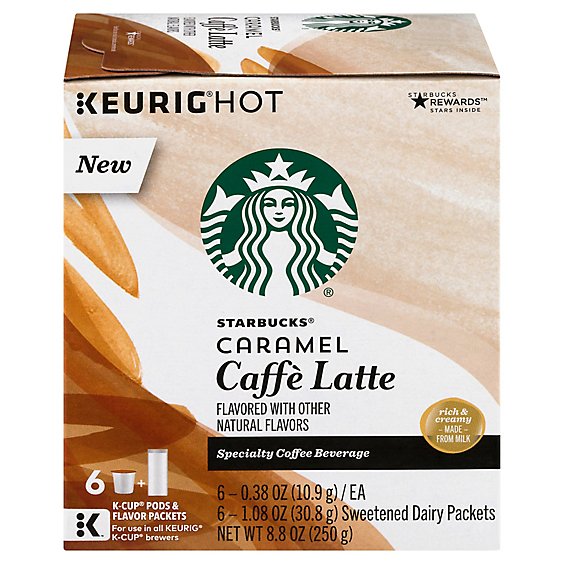 Starbucks Coffee K-Cup Pods & Flavor Packets Caffe Latte Caramel Box - 6-0.38 Oz