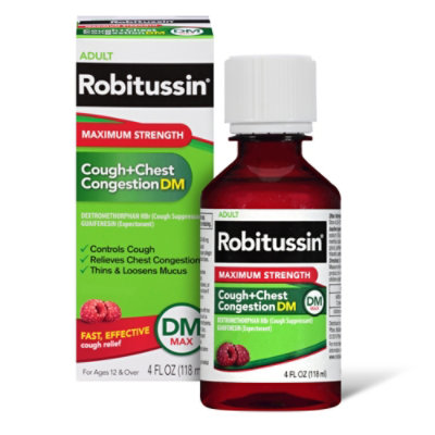 Robitussin Adult Max Strength Cough + Chest Congestion DM Max Raspberry Flavor - 4 Fl. Oz. - Image 2