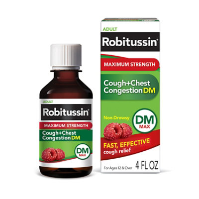 Robitussin Adult Max Strength Cough + Chest Congestion DM Max Raspberry Flavor - 4 Fl. Oz.