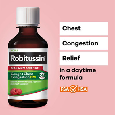 Robitussin Adult Max Strength Cough + Chest Congestion DM Max Raspberry Flavor - 4 Fl. Oz. - Image 5