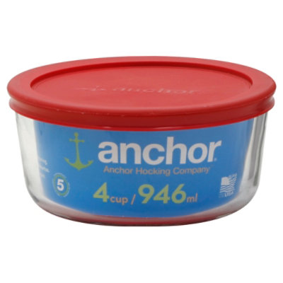 Anchor Hocking Classic Glass Food Storage Container with Lid, Red, 4 Cup