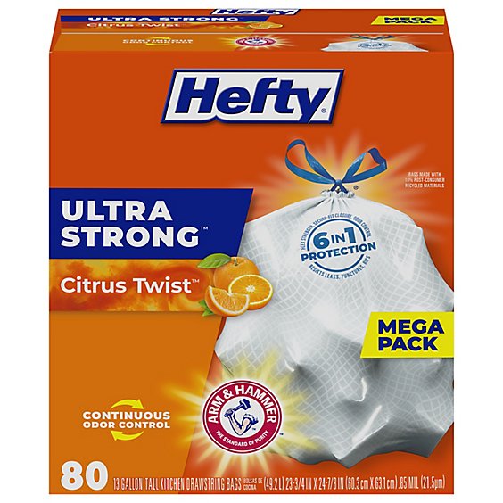 Hefty Trash Bags Drawstring Ultra Strong Tall 13 Gallon Citrus Twist Scent - 80 Count