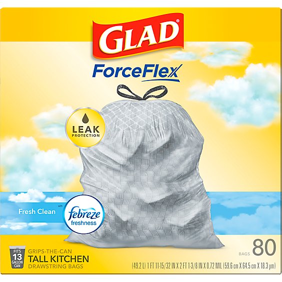 Glad Forceflex With Febreze Fresh Clean Tall Kitchen Drawstring Trash Bags 13 Gallon - 80 Count