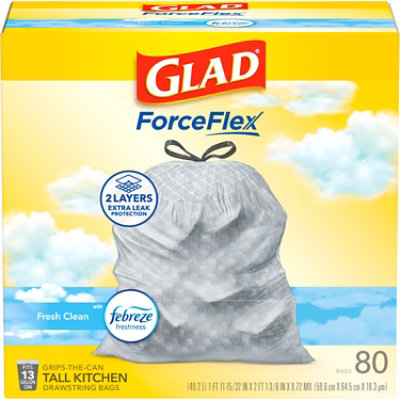 Glad Forceflex With Febreze Fresh Clean Tall Kitchen Drawstring Trash Bags 13 Gallon - 80 Count
