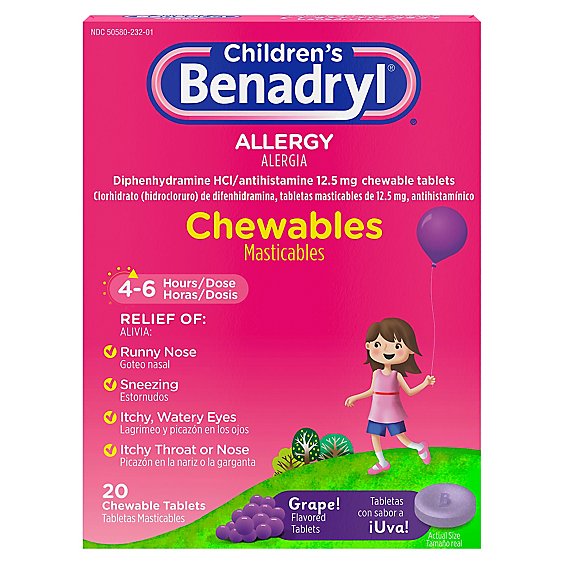 Benadryl Childrens Allergy Tablets 12.5mg Chewable Grape! - 20 Count