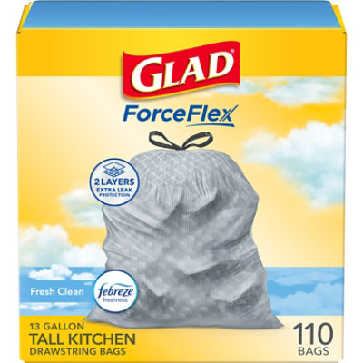 Glad ForceFlex Tall Kitchen Drawstring Trash Bags 13 Gallon Gain Fresh Clean with Febreze - 110 Count - Image 1