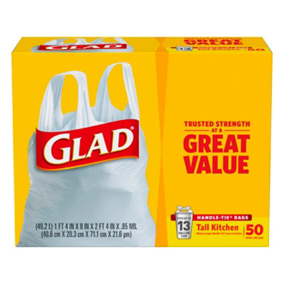 Glad Tall Kitchen Handle-Tie Trash Bags - 13 Gallon White Trash Bag - 50 Count, Package May Vary