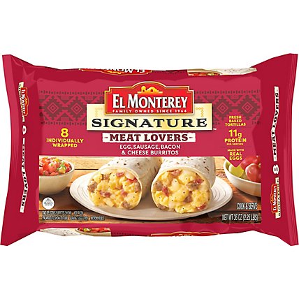 El Monterey Signature Meat Lovers Egg Sausage Bacon & Cheese Breakfast Burritos 8 Count - 36 Oz - Image 2