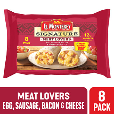 El Monterey Signature Meat Lovers Egg Sausage Bacon & Cheese Breakfast Burritos 8 Count - 36 Oz - Image 2