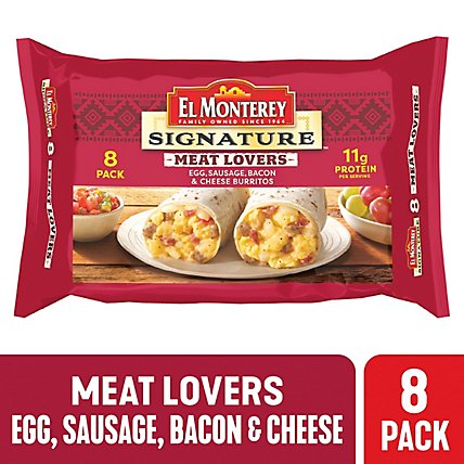 El Monterey Signature Meat Lovers Egg Sausage Bacon & Cheese Breakfast Burritos 8 Count - 36 Oz - Image 1